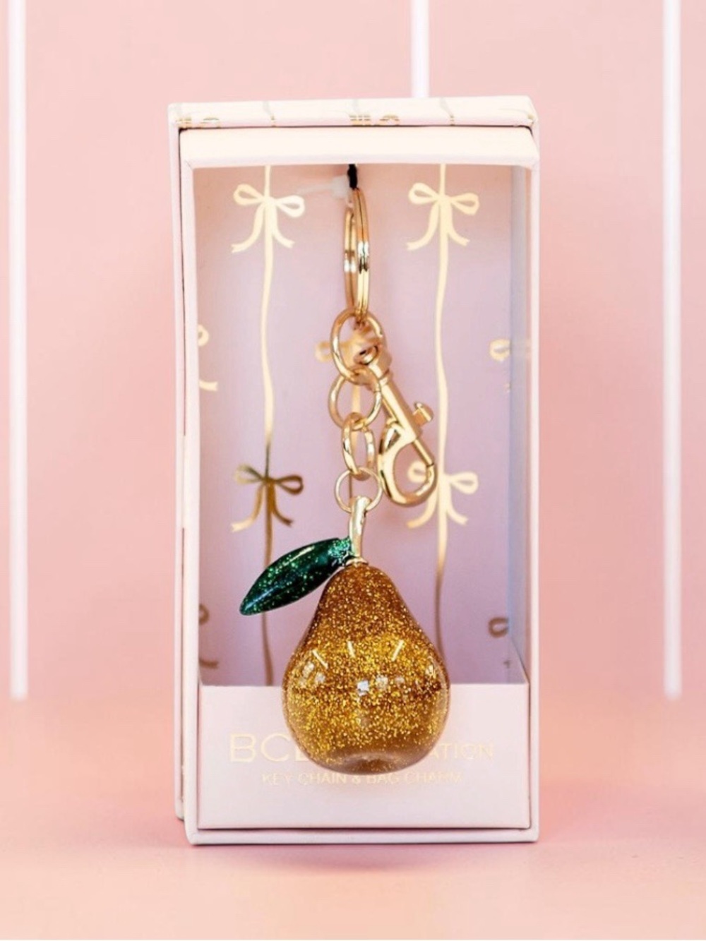 BCBGENERATION Gold Glitter Pear Keychain with Green Leaf NWT